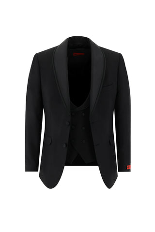Siyah 7 Drop Slim Fit Dar Kesim Şal Yaka Yelekli Smokin & Damatlık