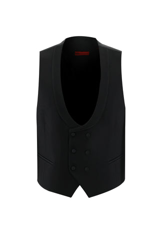 Siyah 7 Drop Slim Fit Dar Kesim Şal Yaka Yelekli Smokin & Damatlık