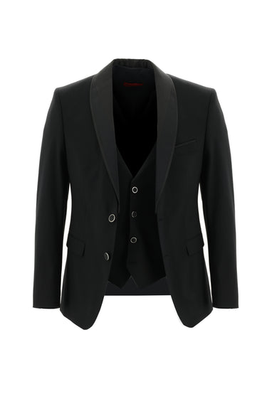 Siyah Slim Fit Dar Kesim Şal Yaka Yelekli Smokin & Damatlık