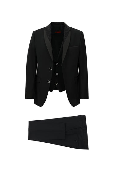 Siyah Slim Fit Dar Kesim Şal Yaka Yelekli Smokin & Damatlık