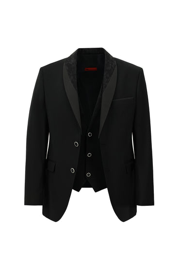 Siyah Slim Fit Dar Kesim Şal Yaka Yelekli Smokin & Damatlık