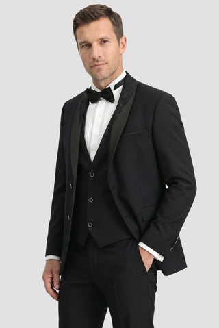 Siyah 7 Drop Slim Fit Dar Kesim Şal Yaka Yelekli Smokin & Damatlık