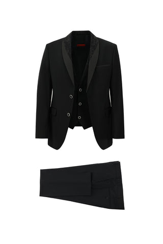 Siyah 7 Drop Slim Fit Dar Kesim Şal Yaka Yelekli Smokin & Damatlık