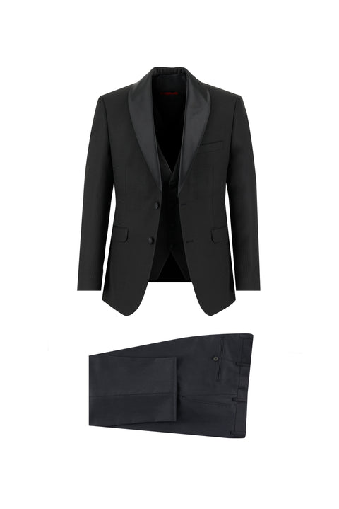 Siyah 7 Drop Slim Fit Dar Kesim Şal Yaka Yelekli Smokin & Damatlık