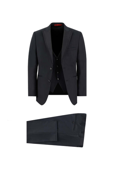 Siyah Slim Fit Dar Kesim Sivri Yaka Yelekli Smokin & Damatlık