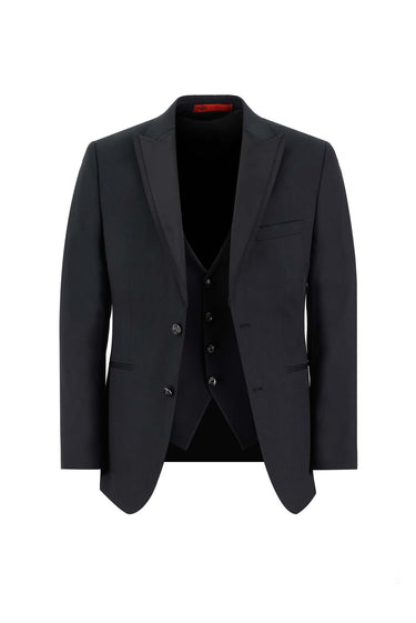 Siyah Slim Fit Dar Kesim Sivri Yaka Yelekli Smokin & Damatlık