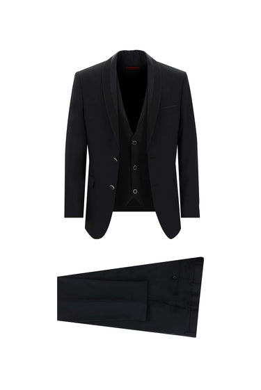 Siyah Slim Fit Dar Kesim Şal Yaka Yelekli Smokin & Damatlık