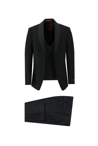 Siyah Slim Fit Dar Kesim Şal Yaka Yelekli Smokin & Damatlık