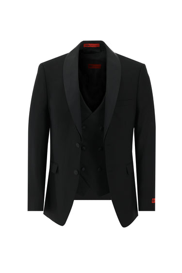 Siyah Slim Fit Dar Kesim Şal Yaka Yelekli Smokin & Damatlık
