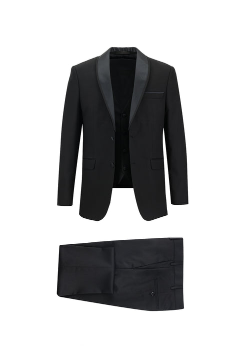 Siyah 7 Drop Slim Fit Dar Kesim Şal Yaka Yelekli Smokin & Damatlık