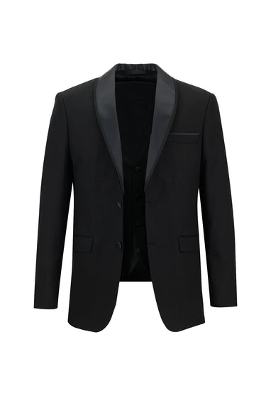 Siyah Slim Fit Dar Kesim Şal Yaka Yelekli Smokin & Damatlık