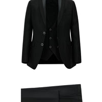 Siyah Slim Fit Dar Kesim Sivri Yaka Yelekli Smokin & Damatlık