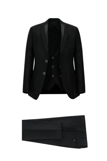 Siyah Slim Fit Dar Kesim Sivri Yaka Yelekli Smokin & Damatlık