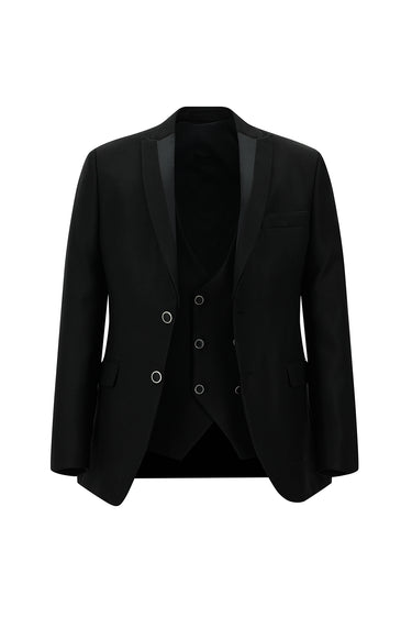 Siyah Slim Fit Dar Kesim Sivri Yaka Yelekli Smokin & Damatlık