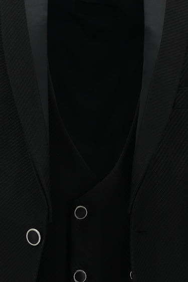 Siyah Slim Fit Dar Kesim Sivri Yaka Yelekli Smokin & Damatlık