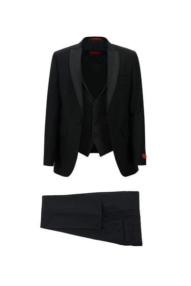 Siyah Slim Fit Dar Kesim Sivri Yaka Yelekli Smokin & Damatlık