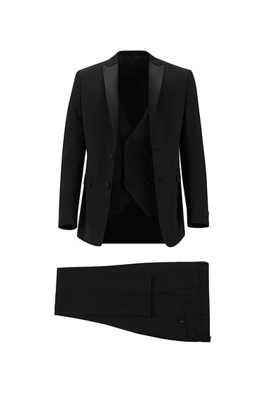 Siyah Slim Fit Dar Kesim Sivri Yaka Yelekli Smokin & Damatlık