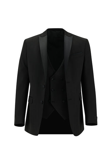 Siyah Slim Fit Dar Kesim Sivri Yaka Yelekli Smokin & Damatlık