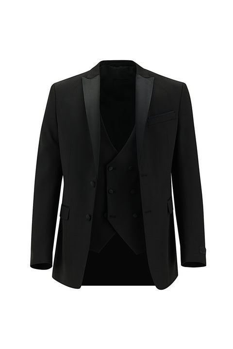 Siyah 7 Drop Slim Fit Dar Kesim Sivri Yaka Yelekli Smokin & Damatlık
