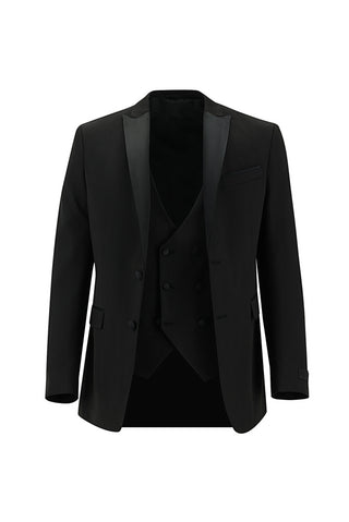 Siyah 7 Drop Slim Fit Dar Kesim Sivri Yaka Yelekli Smokin & Damatlık