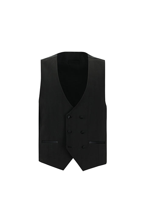 Siyah 7 Drop Slim Fit Dar Kesim Sivri Yaka Yelekli Smokin & Damatlık