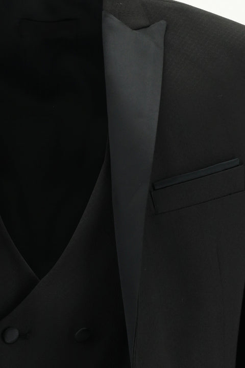 Siyah 7 Drop Slim Fit Dar Kesim Sivri Yaka Yelekli Smokin & Damatlık