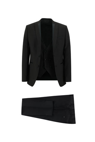 Siyah 7 Drop Slim Fit Dar Kesim Sivri Yaka Yelekli Smokin & Damatlık