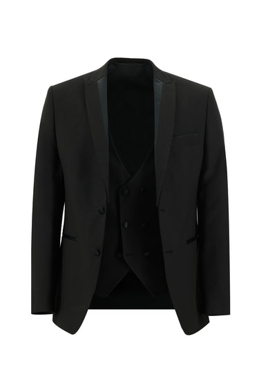 Siyah Slim Fit Dar Kesim Sivri Yaka Yelekli Smokin & Damatlık