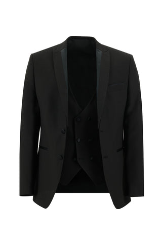 Siyah 7 Drop Slim Fit Dar Kesim Sivri Yaka Yelekli Smokin & Damatlık