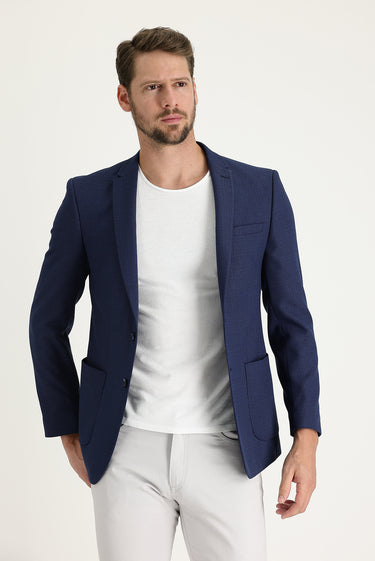 Havacı Mavi Super Slim Fit Ekstra Dar Kesim Desenli Spor Ceket