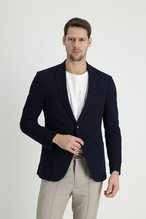 Koyu Lacivert 7 Drop Slim Fit Dar Kesim Desenli Spor Pamuk Ceket