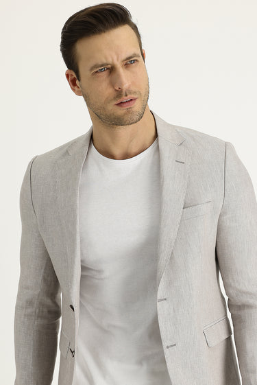 Açık Bej Slim Fit Dar Kesim Klasik Desenli Keten Ceket
