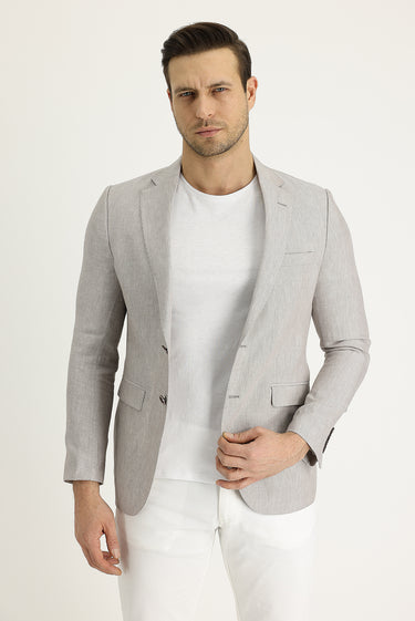 Açık Bej Slim Fit Dar Kesim Klasik Desenli Keten Ceket