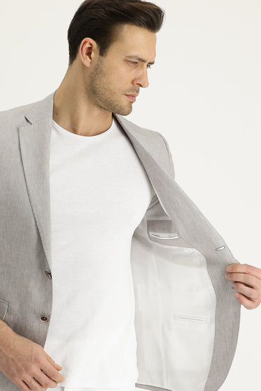 Açık Bej Slim Fit Dar Kesim Klasik Desenli Keten Ceket