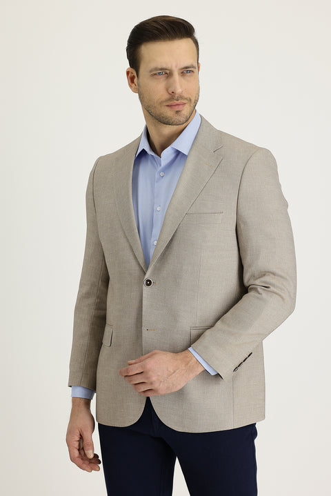 Orta Bej 4 Drop Relaxed Fit Rahat Kesim Klasik Desenli Keten Ceket