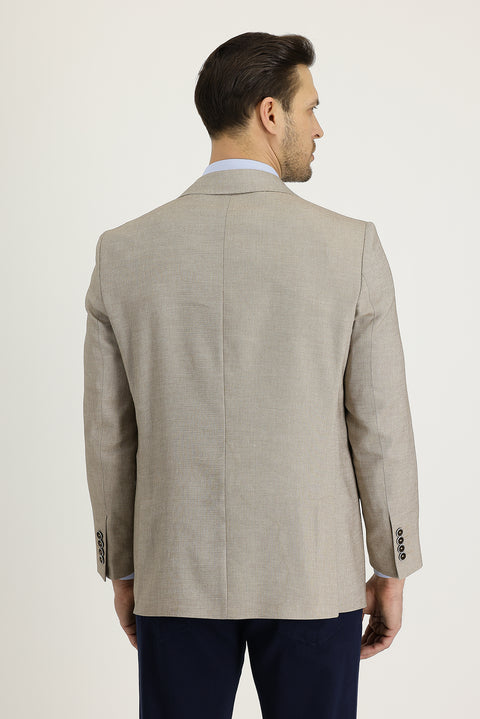 Orta Bej 4 Drop Relaxed Fit Rahat Kesim Klasik Desenli Keten Ceket