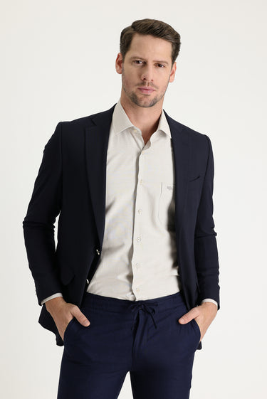 Koyu Lacivert Regular Fit Yünlü Blazer Ceket