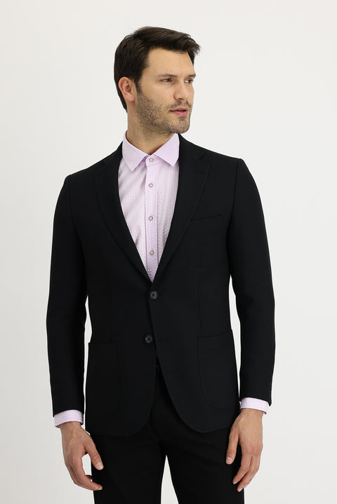 Black 6 Drop Regular Fit Patterned Wool Jacket