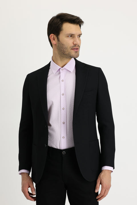 Siyah 4 Drop Relaxed Fit Rahat Kesim Desenli Yünlü Ceket