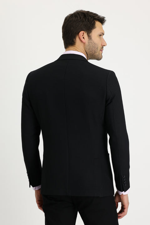Siyah 4 Drop Relaxed Fit Rahat Kesim Desenli Yünlü Ceket