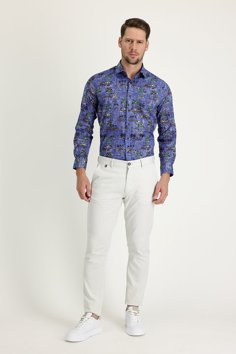 Ekru Regular Fit Standart Kesim Desenli Likralı Kanvas / Chino Pantolon