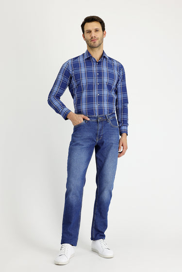 Orta Lacivert Regular Fit Likralı Denim Pantolon
