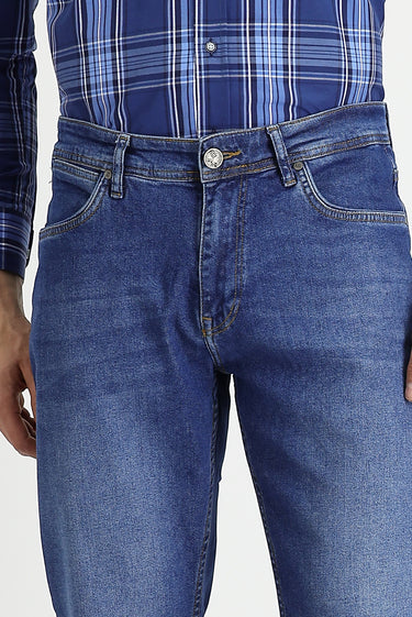 Orta Lacivert Regular Fit Likralı Denim Pantolon