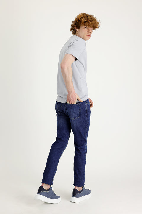 Koyu Mavi Slim Fit Dar Kesim Likralı Denim Pantolon