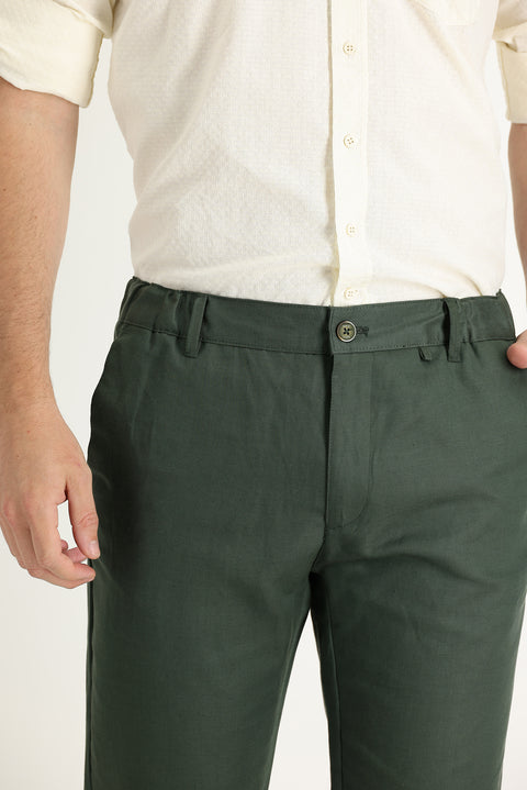 Olive Green Regular Fit Standard Cut Canvas / Chino Linen Trousers