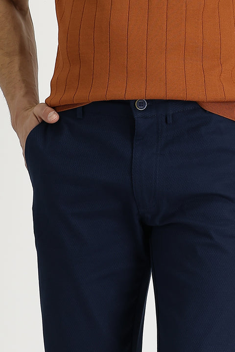 Mid Navy Slim Fit Patterned Stretch Canvas / Chino Trousers