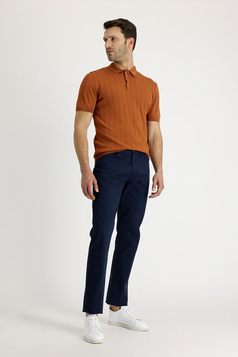 Medium Navy Regular Fit Standard Cut Patterned Lycra Canvas / Chino Trousers