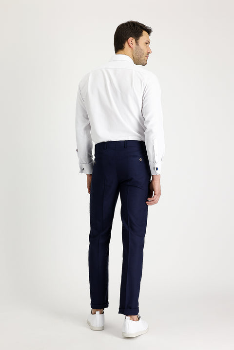 Koyu Lacivert 7 Drop Slim Fit Dar Kesim Klasik Keten Karışımlı Kumaş Pantolon