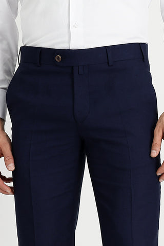 Koyu Lacivert 7 Drop Slim Fit Dar Kesim Klasik Keten Karışımlı Kumaş Pantolon