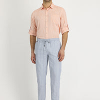 Orta Gri Slim Fit Dar Kesim Beli Lastikli İpli Çizgili Keten Pantolon